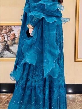 Teal Ruffle Organza Evening Dress - Women
